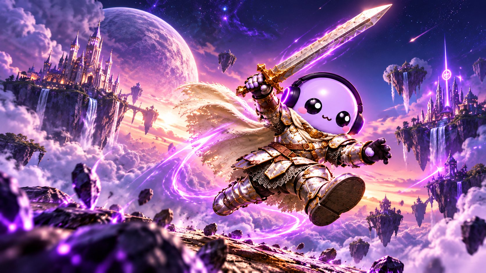 The knight leaping through a purple fantasy sky with floating castles, sword raised