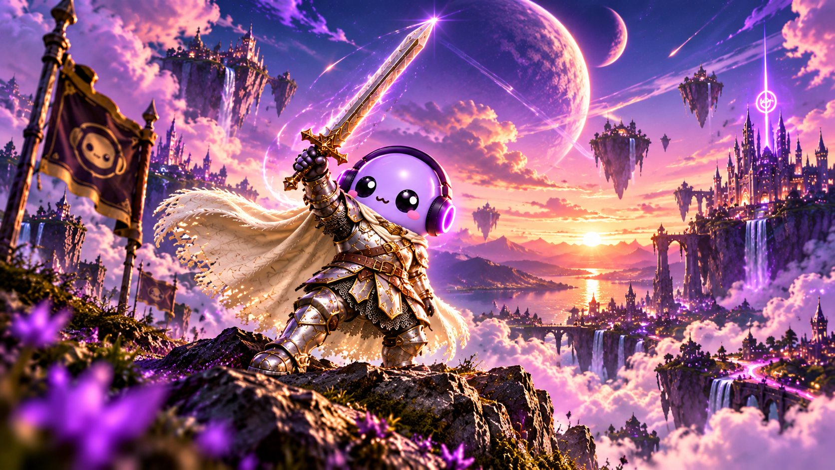 The knight raising a glowing sword on a rocky peak above a purple kingdom of floating castles at sunset